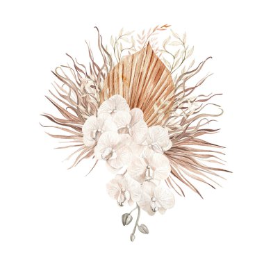 Watercolor  wedding boho bouquet with hand painted tropical flowers  orchid and dried palm leaves, branches of pampas and rose flowers. Illustration