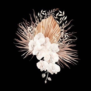 Elle boyanmış tropik çiçekli suluboya düğün çiçekleri orkide ve kurutulmuş palmiye yaprakları, pampa dalları ve gül çiçekleri. Görüntü