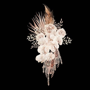 Elle boyanmış tropik çiçekli suluboya düğün çiçekleri orkide ve kurutulmuş palmiye yaprakları, pampa dalları ve gül çiçekleri. Görüntü