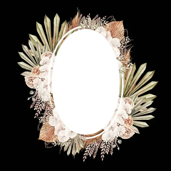 水彩画的Boho婚礼卡片 手绘热带兰花干棕榈叶 潘帕斯分枝和花朵 说明1 — 图库照片