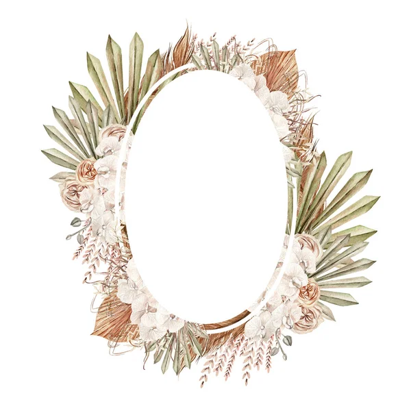 Aquarell Boho Hochzeitskarte Mit Handbemalten Tropischen Orchideenblüten Aus Getrockneten Palmblättern — Stockfoto