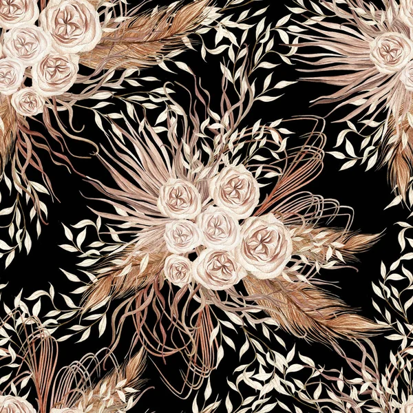 乾燥したヤシの葉 パンパの枝やバラの花の熱帯の花を描いた手で水彩Bohoシームレスパターン イラスト — ストック写真