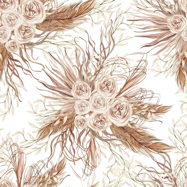 Watercolor Boho Seamless Pattern Hand Painted Tropical Flowers Dried Palm — Fotografia de Stock
