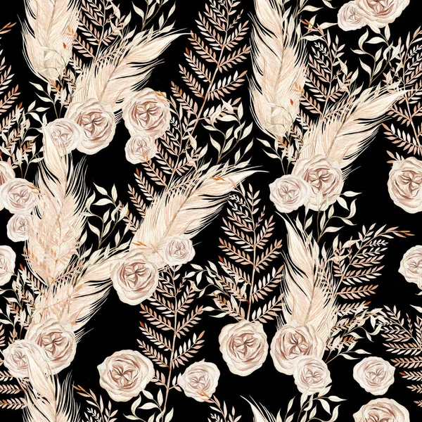 手描きで水彩Bohoシームレスパターンは パンパの花 枝をバラ イラスト — ストック写真