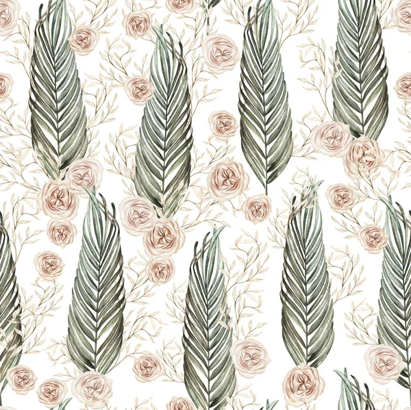 Watercolor Boho Seamless Pattern Hand Painted Tropical Leaves Branches Rose — Fotografia de Stock