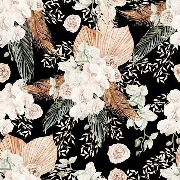 Watercolor boho seamless pattern with hand painted tropical flowers of dried palm leaves, branches of pampas and rose flowers.   Illustration