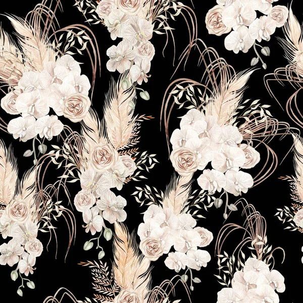 Watercolor boho seamless pattern with hand painted tropical flowers of dried palm leaves, branches of pampas and rose flowers.   Illustration