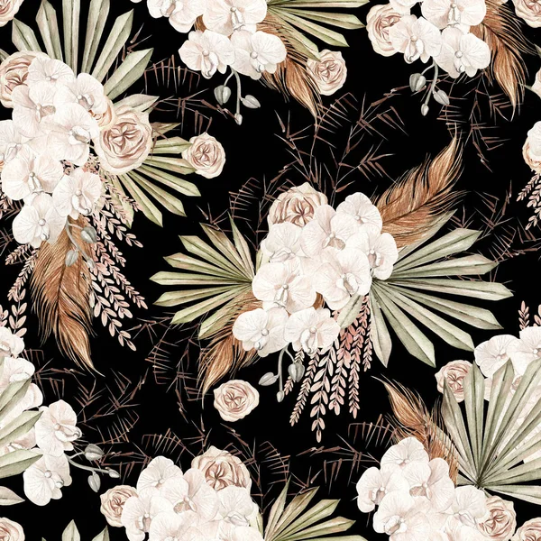 Watercolor Boho Seamless Pattern Hand Painted Tropical Flowers Dried Palm — Zdjęcie stockowe