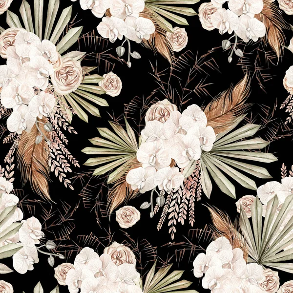 Watercolor boho seamless pattern with hand painted tropical flowers of dried palm leaves, branches of pampas and rose flowers.   Illustration