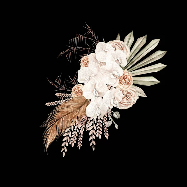 Elle boyanmış tropik çiçekli suluboya düğün çiçekleri orkide ve kurutulmuş palmiye yaprakları, pampa dalları ve gül çiçekleri. Görüntü