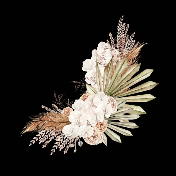 Elle boyanmış tropik çiçekli suluboya düğün çiçekleri orkide ve kurutulmuş palmiye yaprakları, pampa dalları ve gül çiçekleri. Görüntü