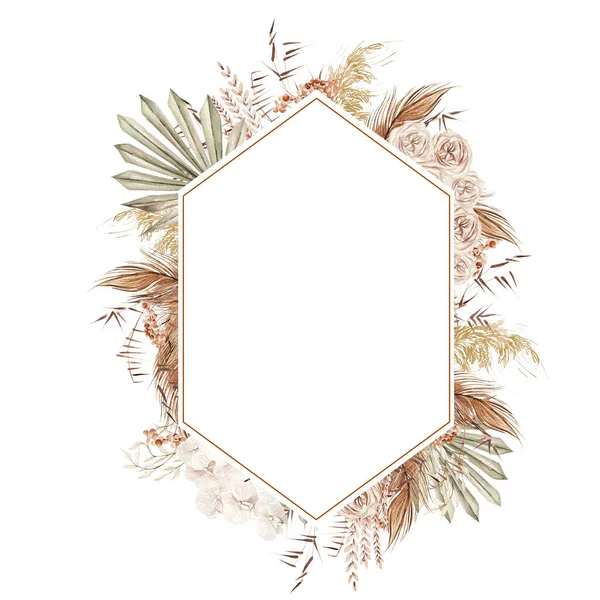 Elle boyanmış tropikal orkide çiçekleri, kurutulmuş palmiye yaprakları, palamut dalları ve çiçeklerle suluboya düğün kartı. Görüntü