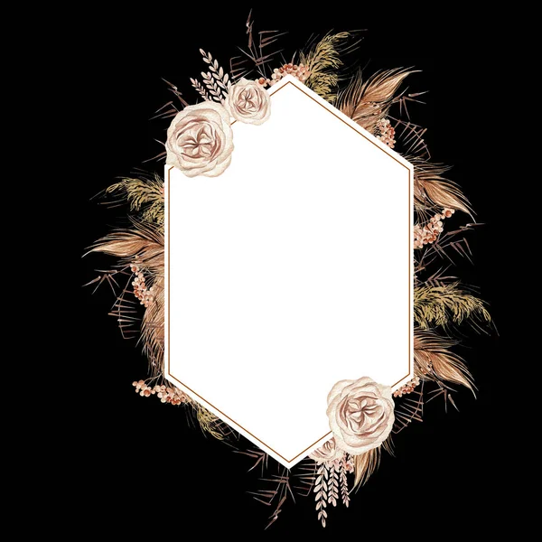 Elle boyanmış tropikal orkide çiçekleri, kurutulmuş palmiye yaprakları, palamut dalları ve çiçeklerle suluboya düğün kartı. Görüntü