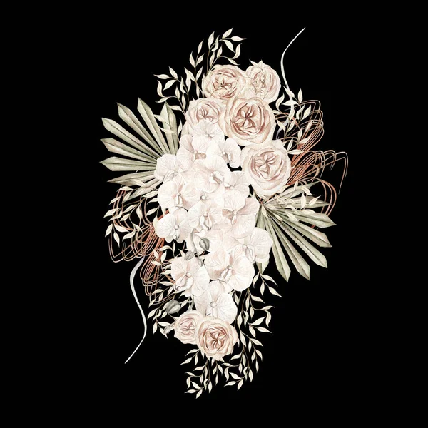 Akwarela Ślubny Bukiet Boho Ręcznie Malowane Tropikalne Kwiaty Storczyk Suszone — Zdjęcie stockowe