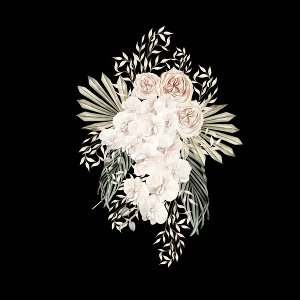 手描き熱帯の花蘭や乾燥ヤシの葉 パンパの枝やバラの花と水彩の結婚式ブーブー花束 イラスト — ストック写真
