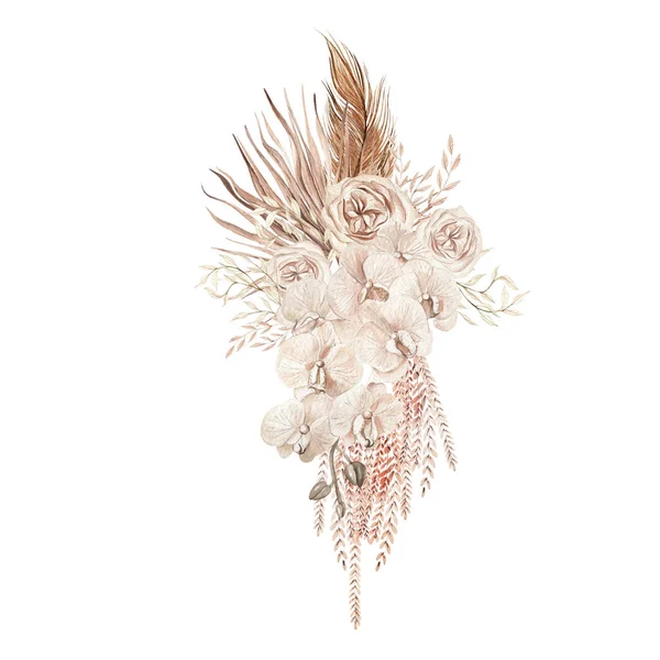 Elle boyanmış tropik çiçekli suluboya düğün çiçekleri orkide ve kurutulmuş palmiye yaprakları, pampa dalları ve gül çiçekleri. Görüntü