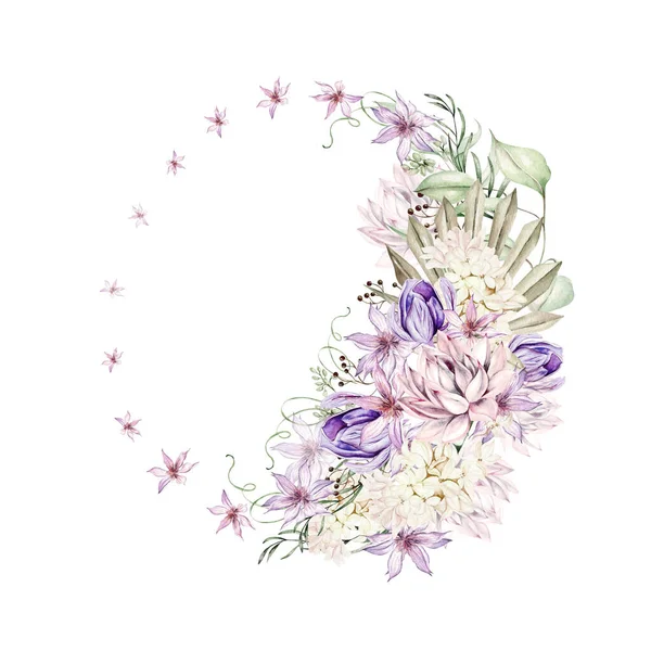 Couronne Romantique Aquarelle Avec Succulents Crocus Clématites Fleurs Illustration — Photo