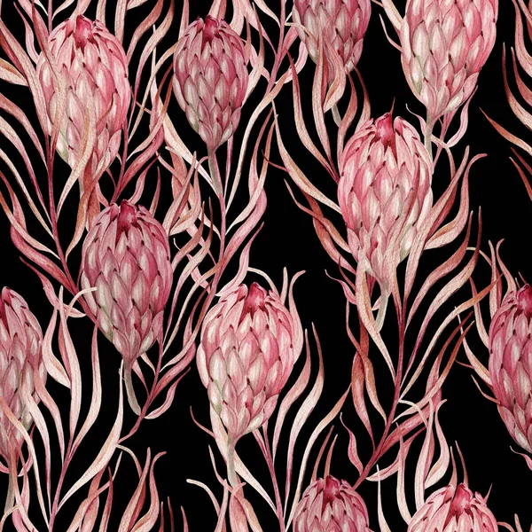 エキゾチックな花のプロティーとヤシの葉と水色の結婚式ピンクの熱帯シームレスなパターン イラスト — ストック写真