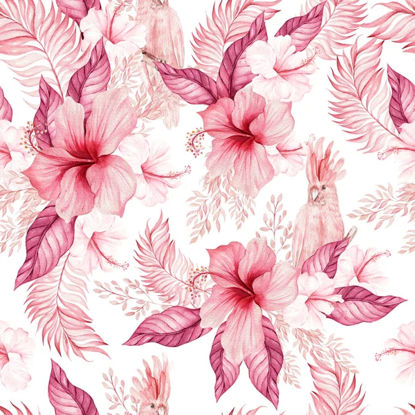 Υδατογραφία Γάμο Ροζ Τροπική Απρόσκοπτη Μοτίβο Εξωτικά Λουλούδια Hibicsus Και — Φωτογραφία Αρχείου