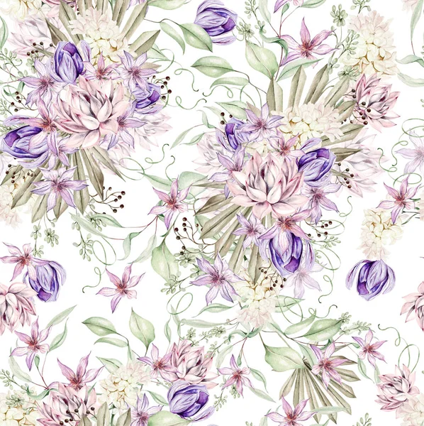 Watercolor Romantic Seamless Pattern Succulents Crocus Clematis Flowers Illustration — Stock Photo, Image