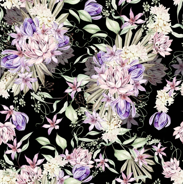 Watercolor Romantic Seamless Pattern Succulents Crocus Clematis Flowers Illustration — ストック写真