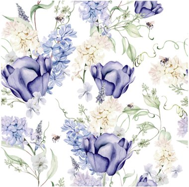 Laleli ve sümbül çiçekli desen. Vektör illüstrasyonu