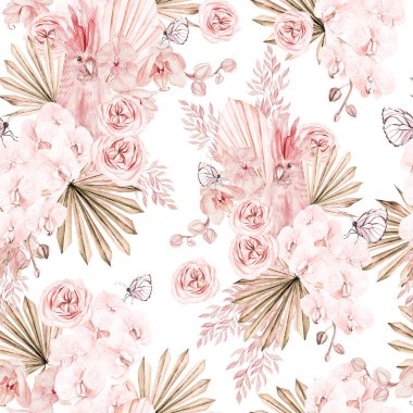 Suluboya düğün pembe tropikal desenli egzotik çiçekler, orkide, papağan, gül ve palmiye yaprakları. Görüntü