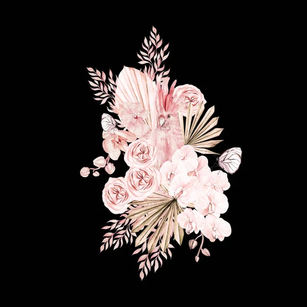 Αδιάβροχο Γαμήλιο Μπουκέτο Εξωτικά Λουλούδια Ορχιδέα Τριαντάφυλλο Παπαγάλο Και Φύλλα — Φωτογραφία Αρχείου