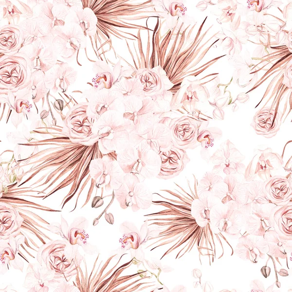 Watercolor wedding pink tropical seamless pattern with Exotic flowers, orchid, rose and palm leaves. Illustration