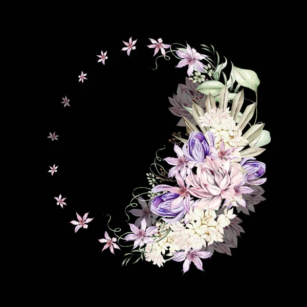 多肉植物やクロッカス クレマチスや花と水彩ロマンチックな花輪 イラスト — ストック写真