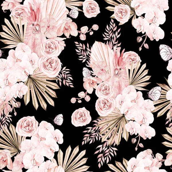 Watercolor wedding pink tropical seamless pattern with Exotic flowers, orchid, parrot, rose and palm leaves. Illustration