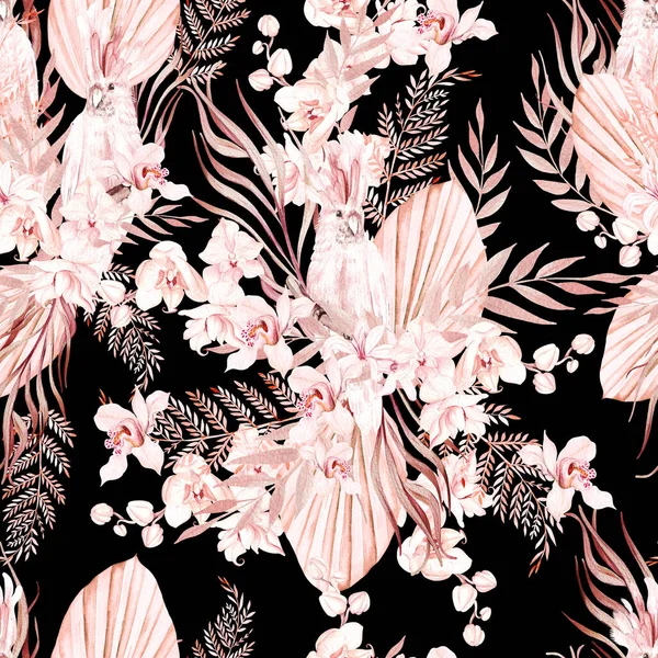 エキゾチックな花 オウム バラとヤシの葉と水彩結婚式ピンクの熱帯シームレスなパターン イラスト — ストック写真