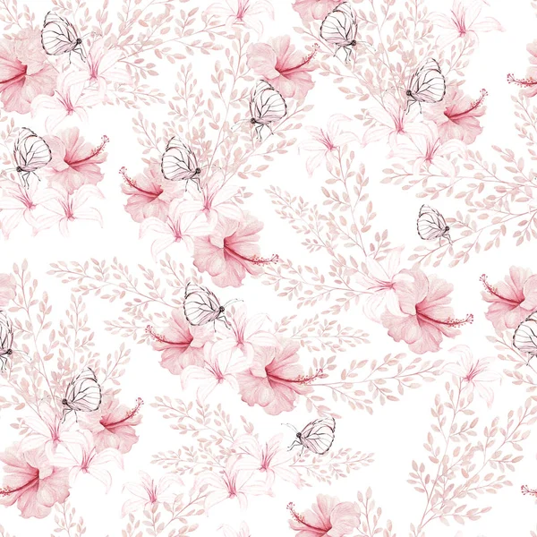 Watercolor Wedding Pink Tropical Seamless Pattern Exotic Flowers Hibiscus Orchids — Φωτογραφία Αρχείου