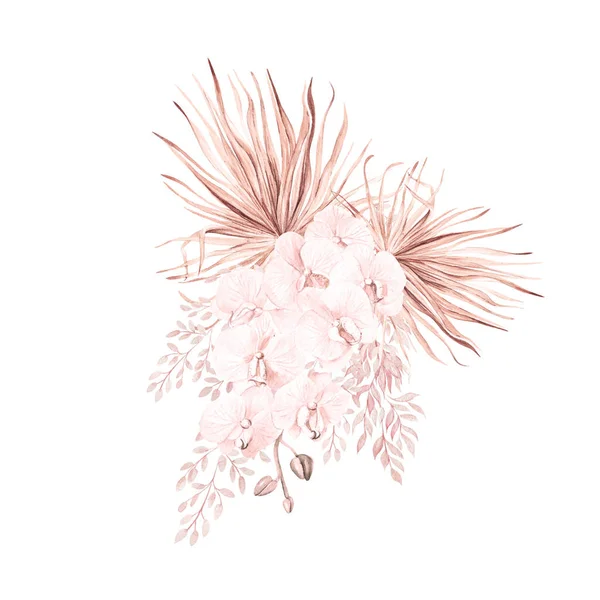 Υδατογραφία Ροζ Τροπικό Μπουκέτο Εξωτικά Λουλούδια Ορχιδέα Και Φύλλα Εικονογράφηση — Φωτογραφία Αρχείου