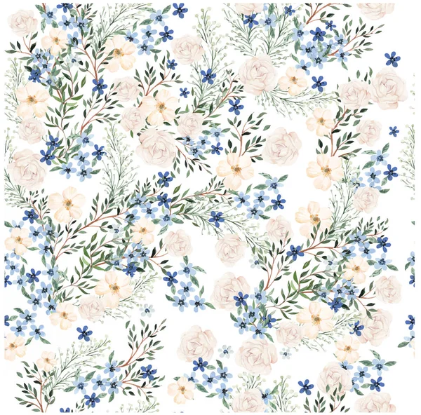 Padrão Sem Costura Com Flores Folhas Rosa Azul Ilustração Ilustração —  Vetores de Stock