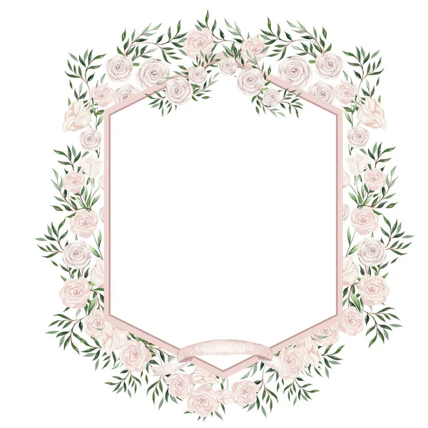 Aquarel Frame Met Rozenbloemen Bladeren Illustratie — Stockfoto