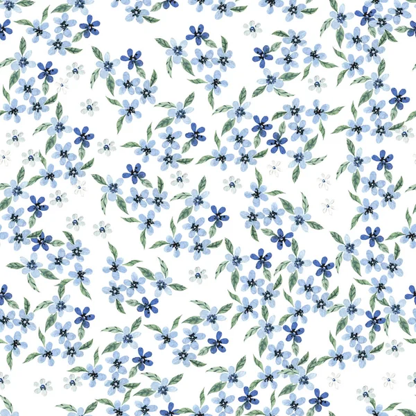 Aquarel Sesmless Patroon Met Blauwe Bloemen Bladeren Illustratie — Stockfoto