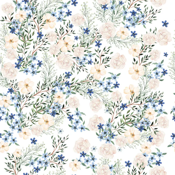 Watercolor Seamless Pattern Pink Blue Flowers Leaves Different Leaves Illustration — Zdjęcie stockowe