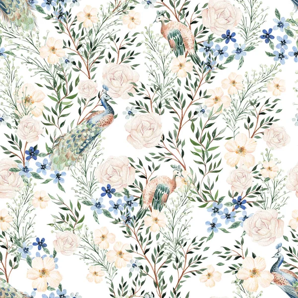 Watercolor Seamless Pattern Pink Blue Flowers Leaves Different Leaves Peacoc — 스톡 사진