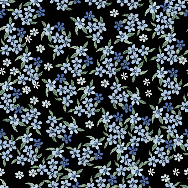 Акварельний Кунжутний Візерунок Блакитними Квітами Листям Ілюстрація — стокове фото
