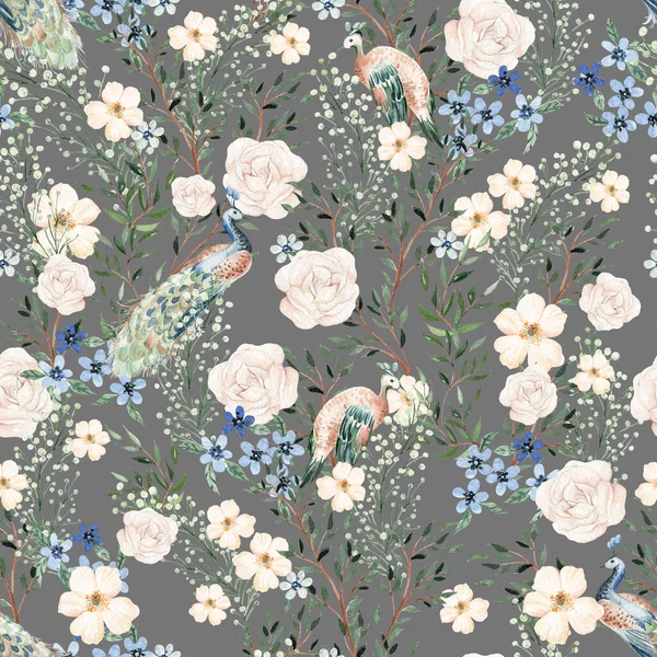 Watercolor Seamless Pattern Pink Blue Flowers Leaves Different Leaves Peacoc — Stock Photo, Image