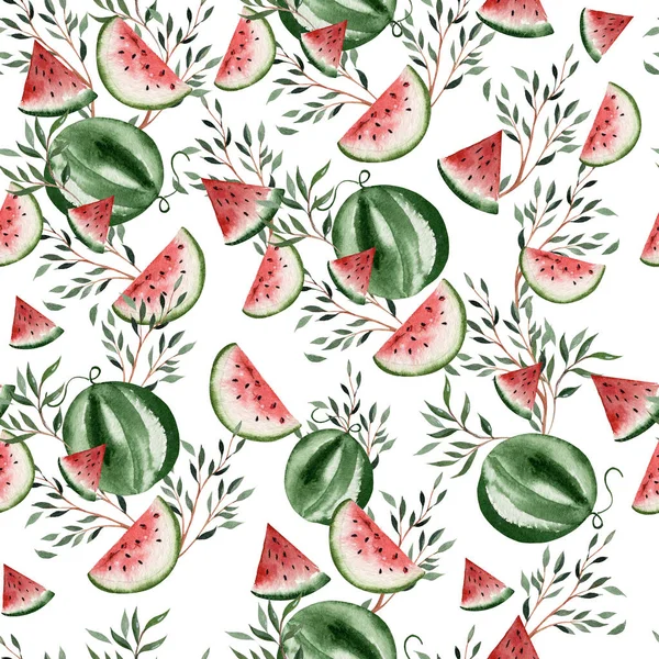 Watercolor Seamless Pattern Green Leaves Watermelon Illustration — Zdjęcie stockowe