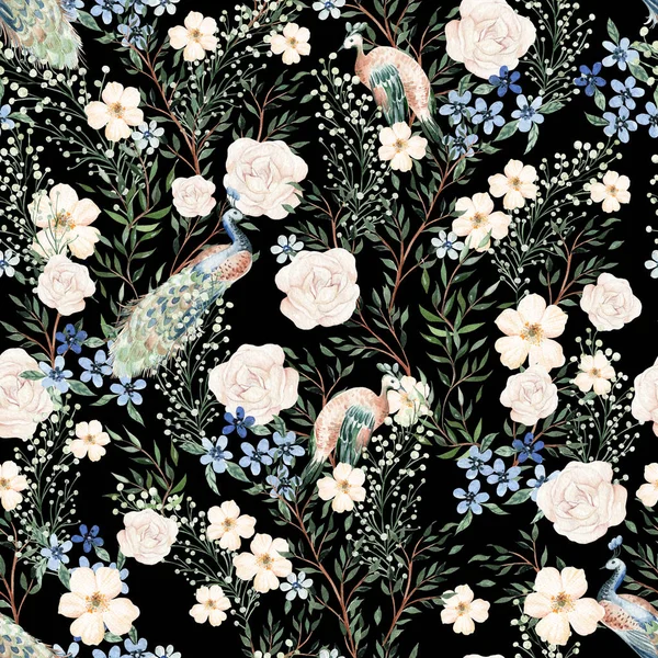 Akvarel Bezešvný Vzor Růžovými Modrými Květy Listy Různé Listy Páva — Stock fotografie