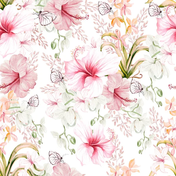 Watercolor Wedding Pink Tropical Seamless Pattern Exotic Flowers Hibiscus Orchids — Stock fotografie