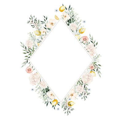 Watercolor card with citrus and leaves, different flowers. Illustration