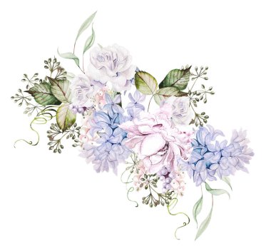 Watercolor bouquet with different flowers and leaves. Illustration