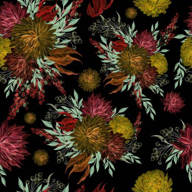 Watercolor seamless pattern with autumn flowers chrysanthemums, berries and leaves. Illustration