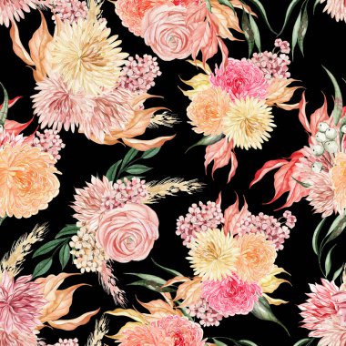 Watercolor seamless pattern with autumn flowers chrysanthemums, ranunculus, berries and leaves. Illustration