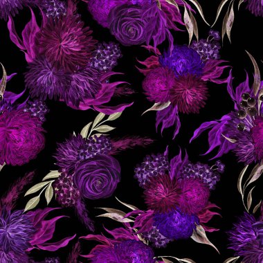 Watercolor seamless pattern with autumn wildflowers, berries and leaves. Illustration