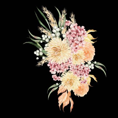 Watercolor seamless pattern with autumn wildflowers, berries and leaves. Illustration